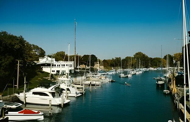 Harbor with blue skies and lots of sailboats in fall scene Lake Forest, IL