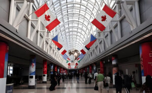 The hall of flags at Terminal 3 of Chicago O'Hare International Airport