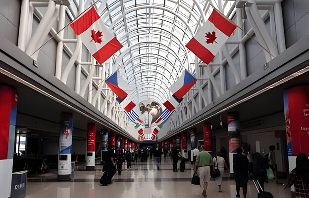 The hall of flags at Terminal 3 of Chicago O'Hare International Airport