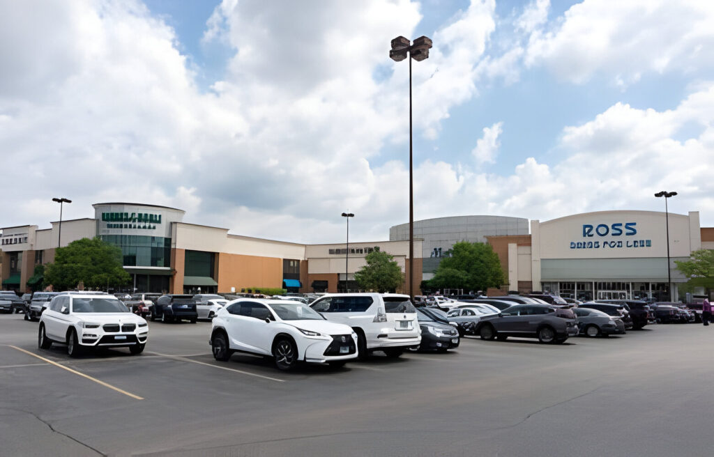 Suburban Orland Park Illinois Strip Mall and Parking Lot with Stores