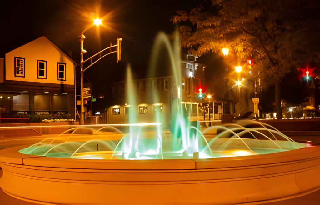 A long-exposure of the lighted fountain in downtown Tinley Park.